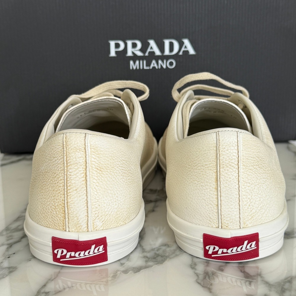 Prada Milano 2EE448 Mens White Pebbled Leather Low Top Sneakers, UK 10 - Picture 7 of 16